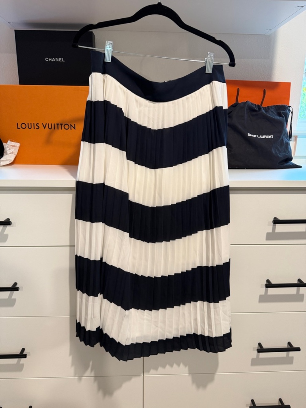 J. Crew Black and White Striped Pleated Midi Skirt, Size 12 (NWT)